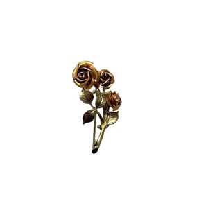Vintage Gold Tone Pink/Copper Tone Leafy Stemmed Three Rose Flower Brooch Pin